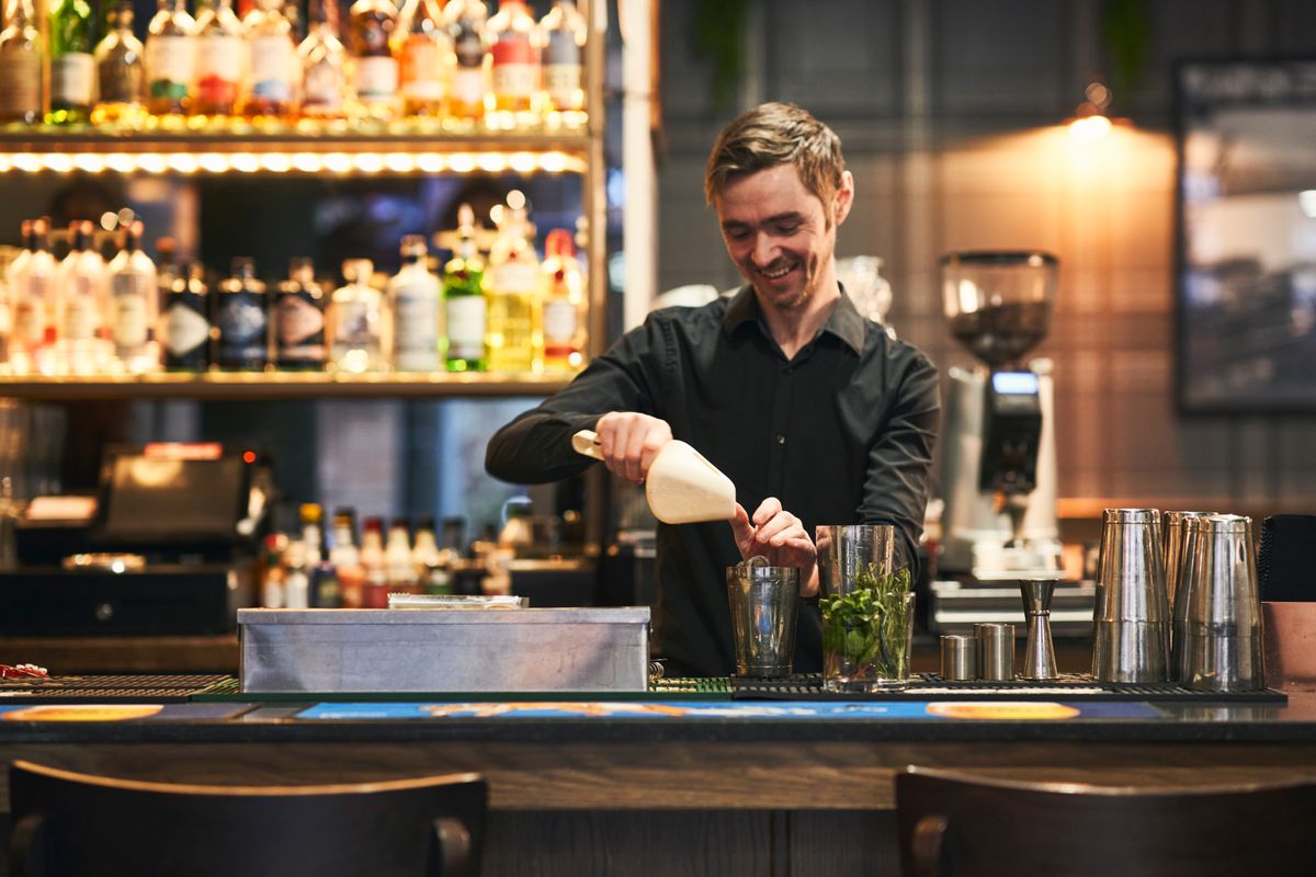 Bar staff making drinks at Mharsanta, Glasgow