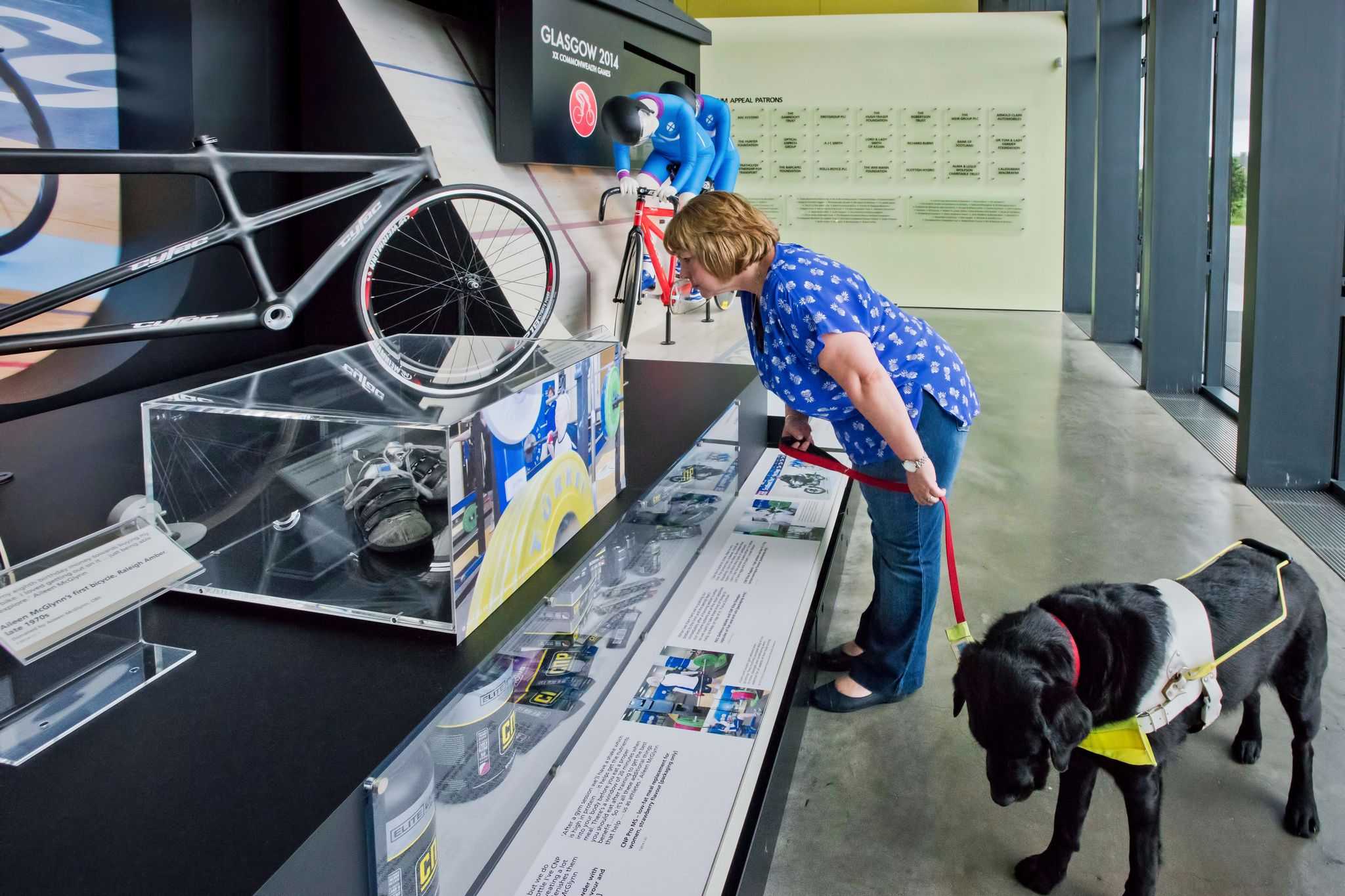 A lady and her guide dog take in the exhibits on display